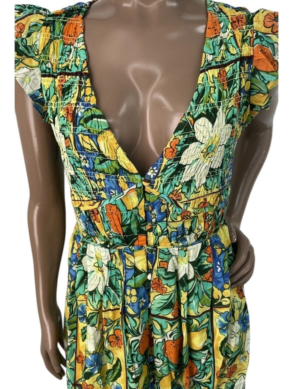 Anthropologie Peregrine Dress XS NWT Yellow Citrus Floral Midi Smocked Cotton Po - Picture 4 of 10